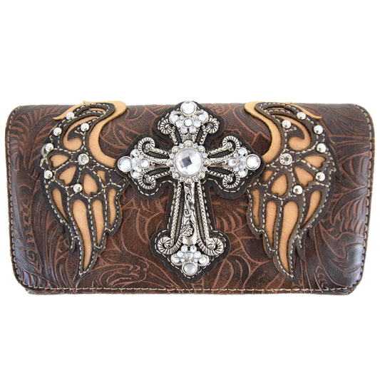 Western Style Cross Winged Tooled Leather Women Trifold Wallet