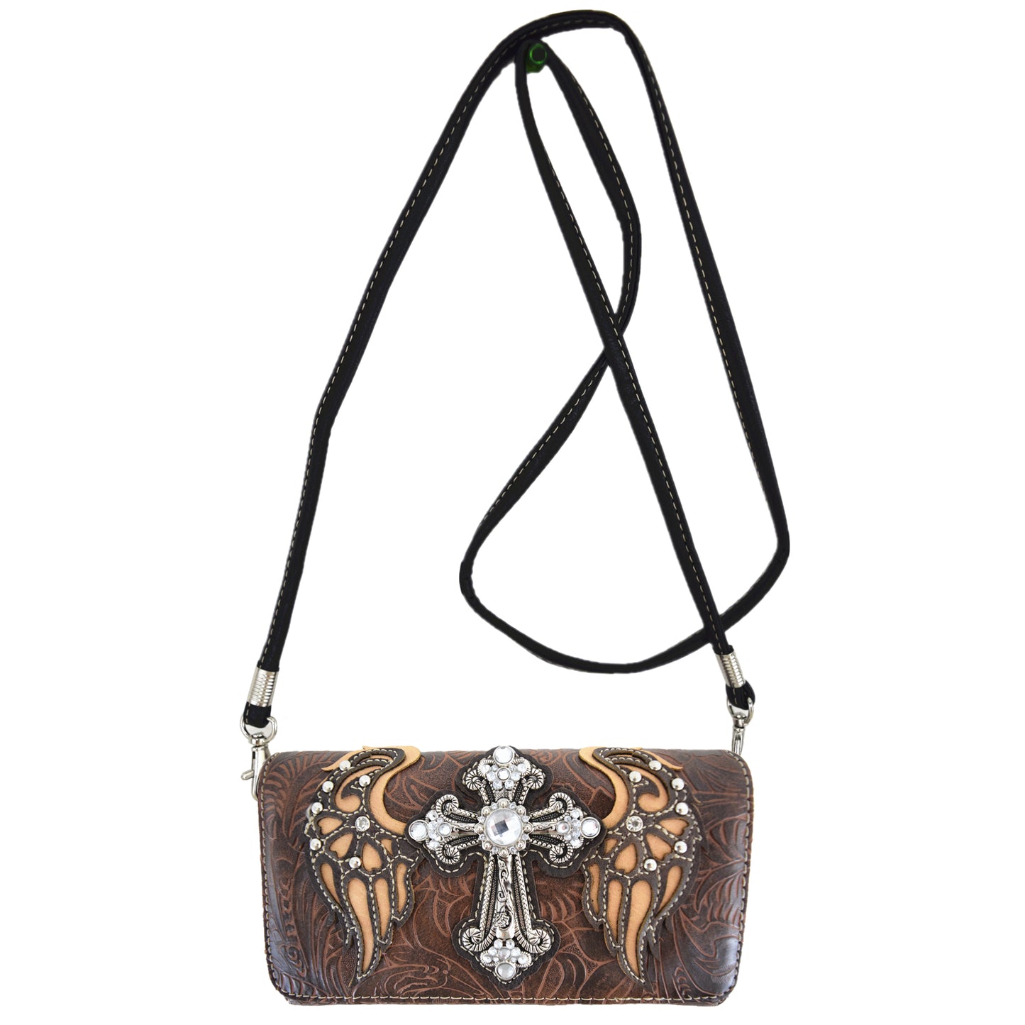 Western Style Cross Winged Tooled Leather Women Trifold Wallet