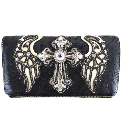 Western Style Cross Winged Tooled Leather Women Trifold Wallet