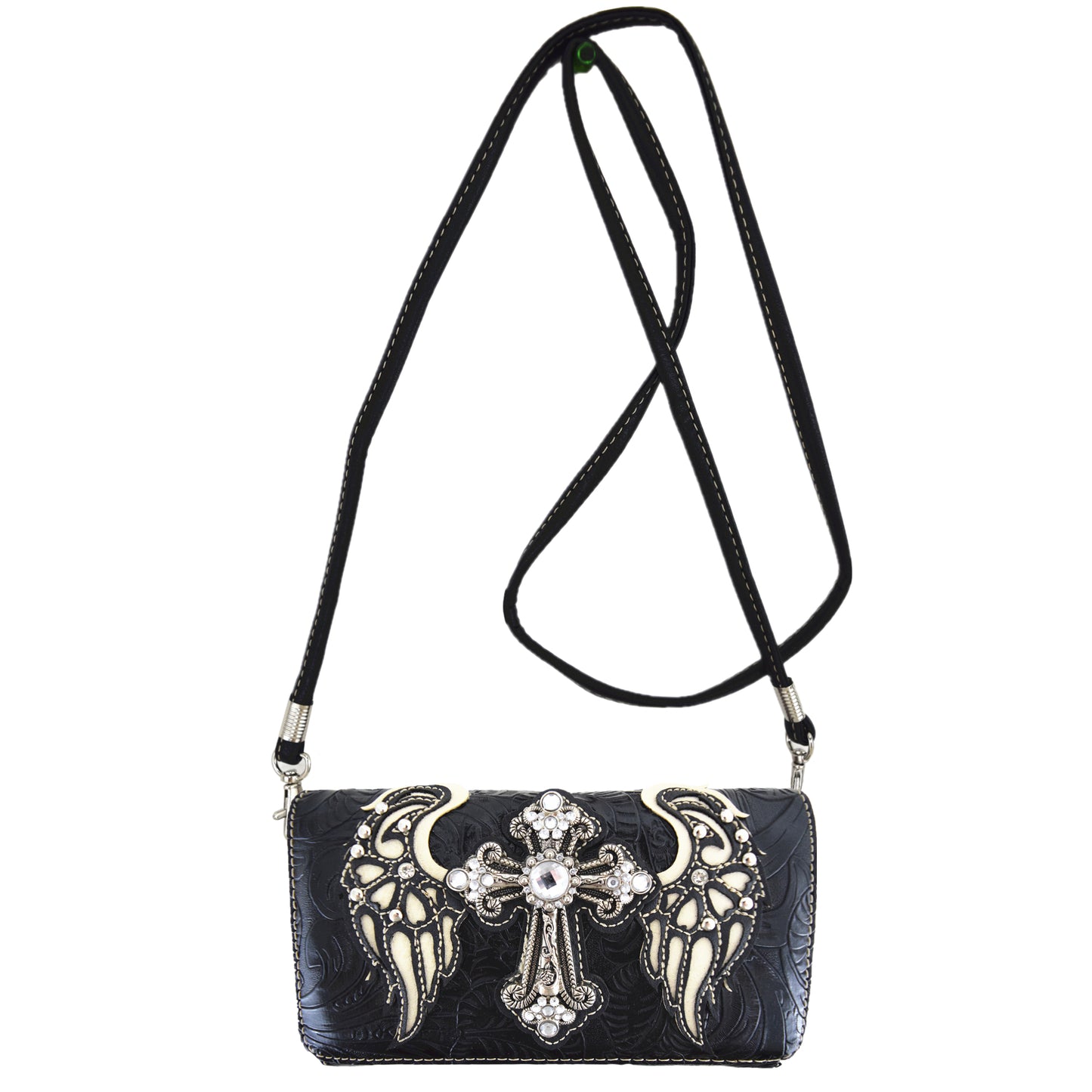 Western Style Cross Winged Tooled Leather Women Trifold Wallet