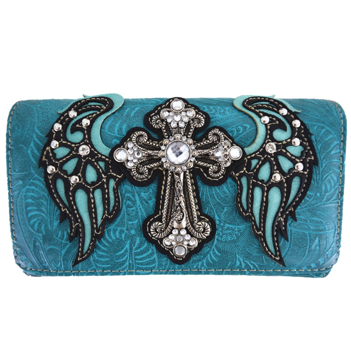 Western Style Cross Winged Tooled Leather Women Trifold Wallet