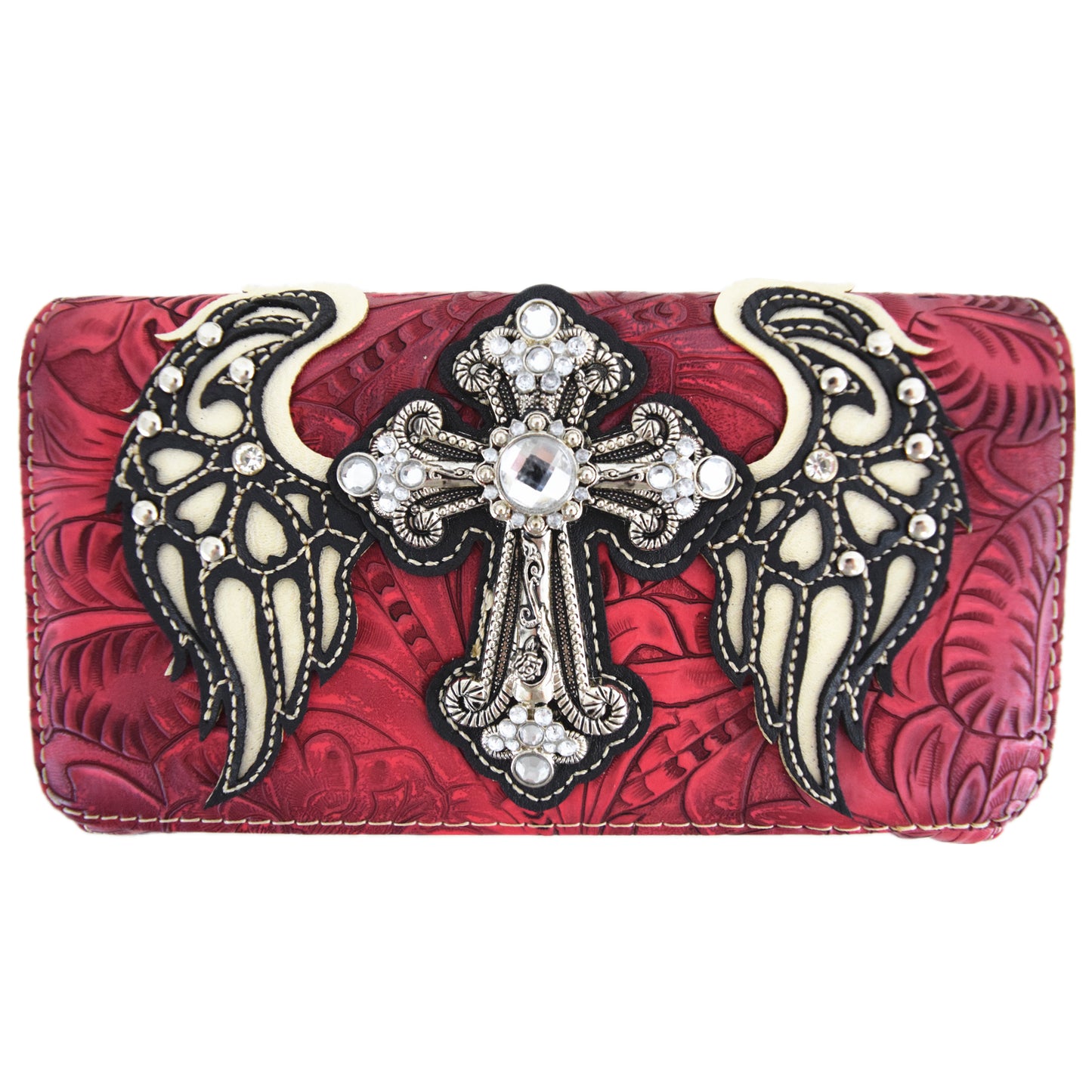 Western Style Cross Winged Tooled Leather Women Trifold Wallet