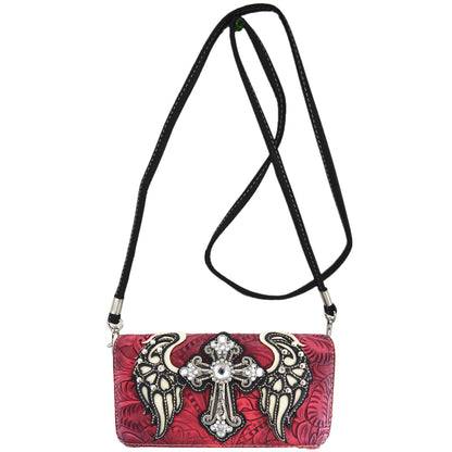 Western Style Cross Winged Tooled Leather Women Trifold Wallet