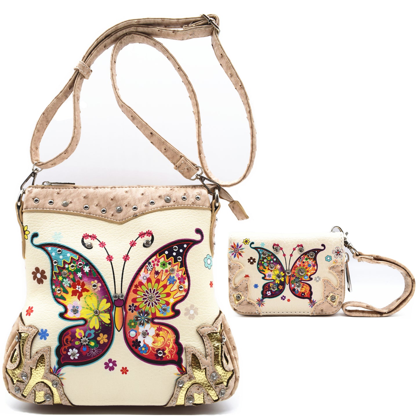 Butterfly Flower Western Style Crossbody Handbags With Mini Wallet Set