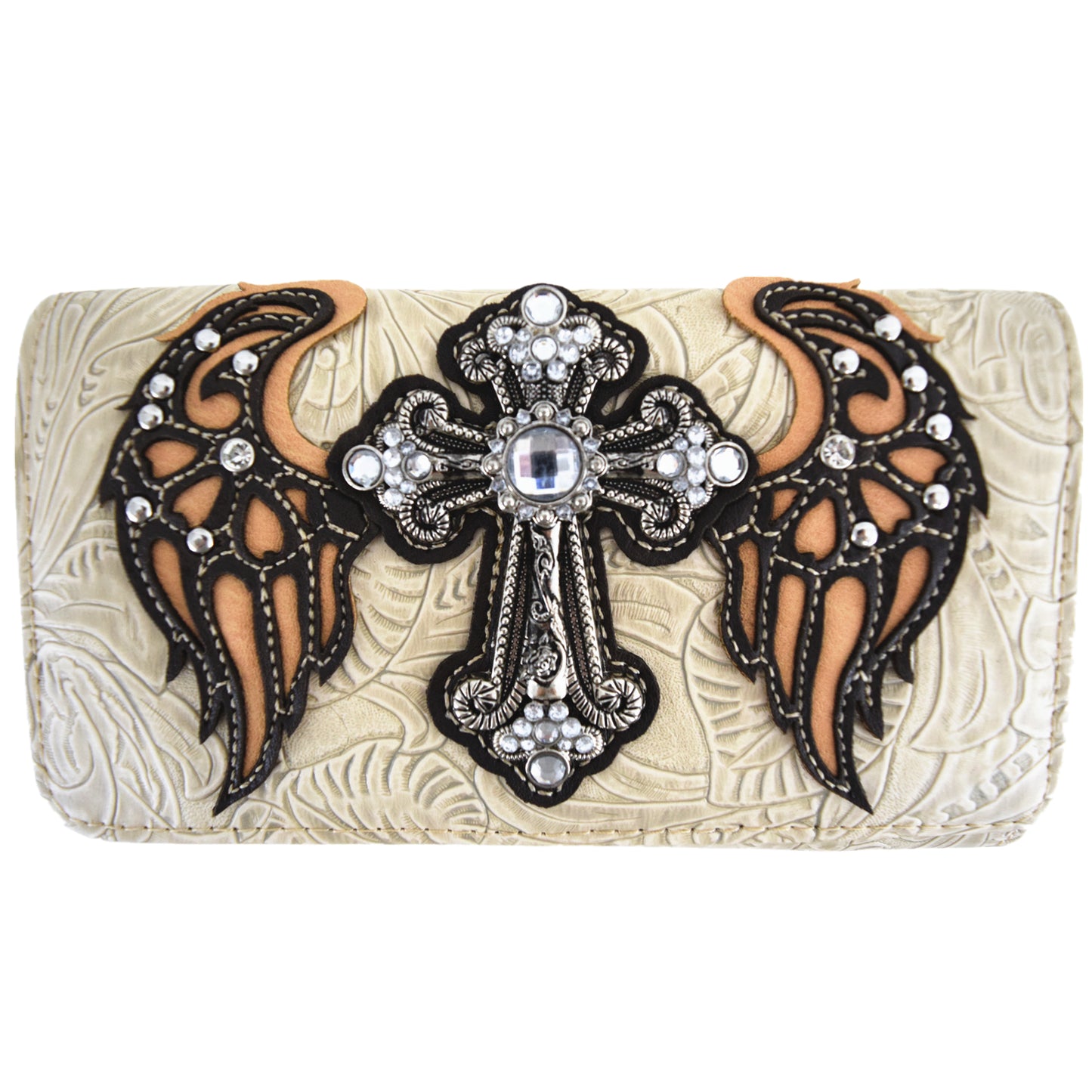 Western Style Cross Winged Tooled Leather Women Trifold Wallet