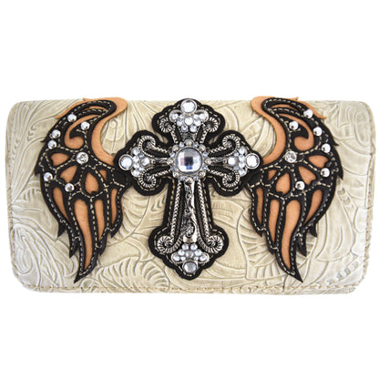 Western Style Cross Winged Tooled Leather Women Trifold Wallet