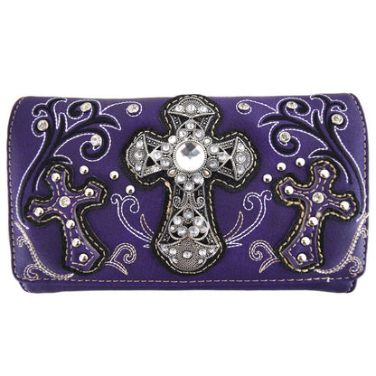 Western Style Cross Winged Tooled Leather Women Trifold Wallet