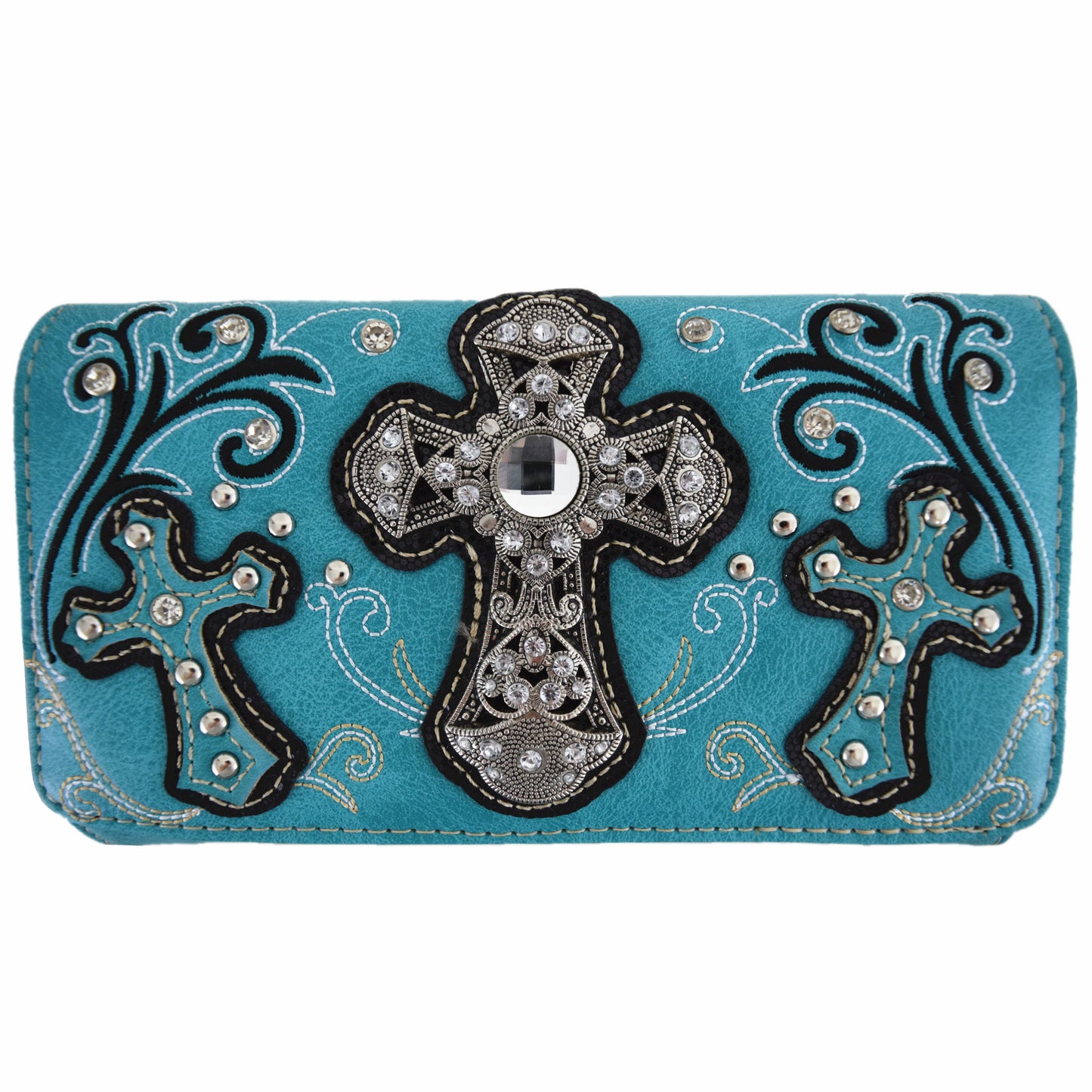 Western Style Cross Winged Tooled Leather Women Trifold Wallet