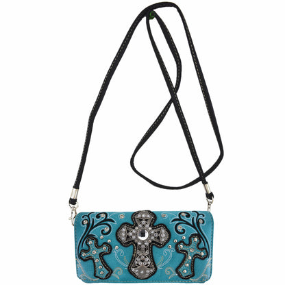 Western Style Cross Winged Tooled Leather Women Trifold Wallet