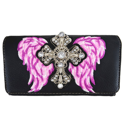 Western Style Cross Studded Embroidery Wings Women Trifold Wallet