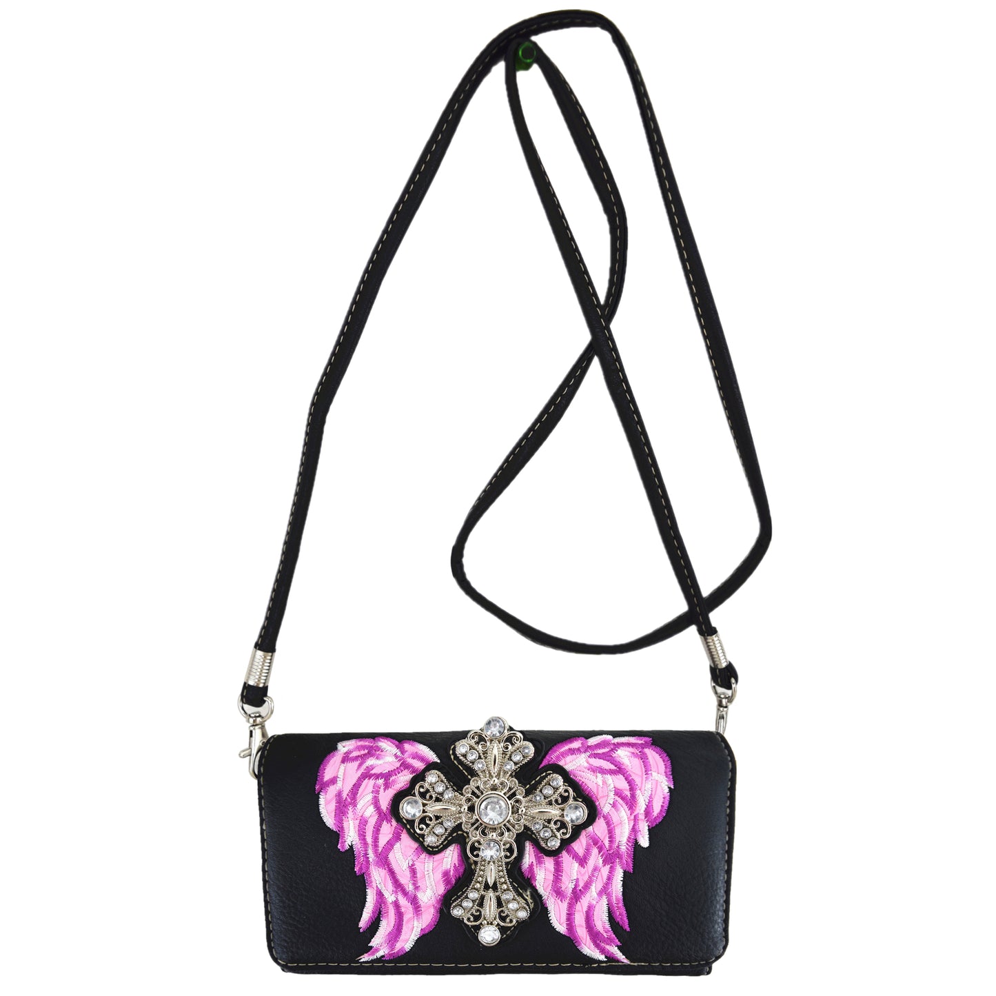 Western Style Cross Studded Embroidery Wings Women Trifold Wallet