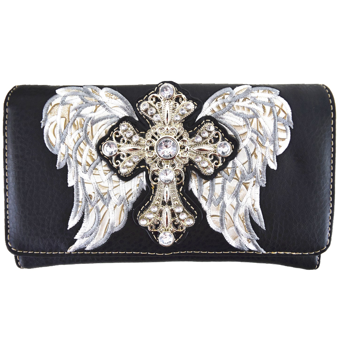 Western Style Cross Studded Embroidery Wings Women Trifold Wallet