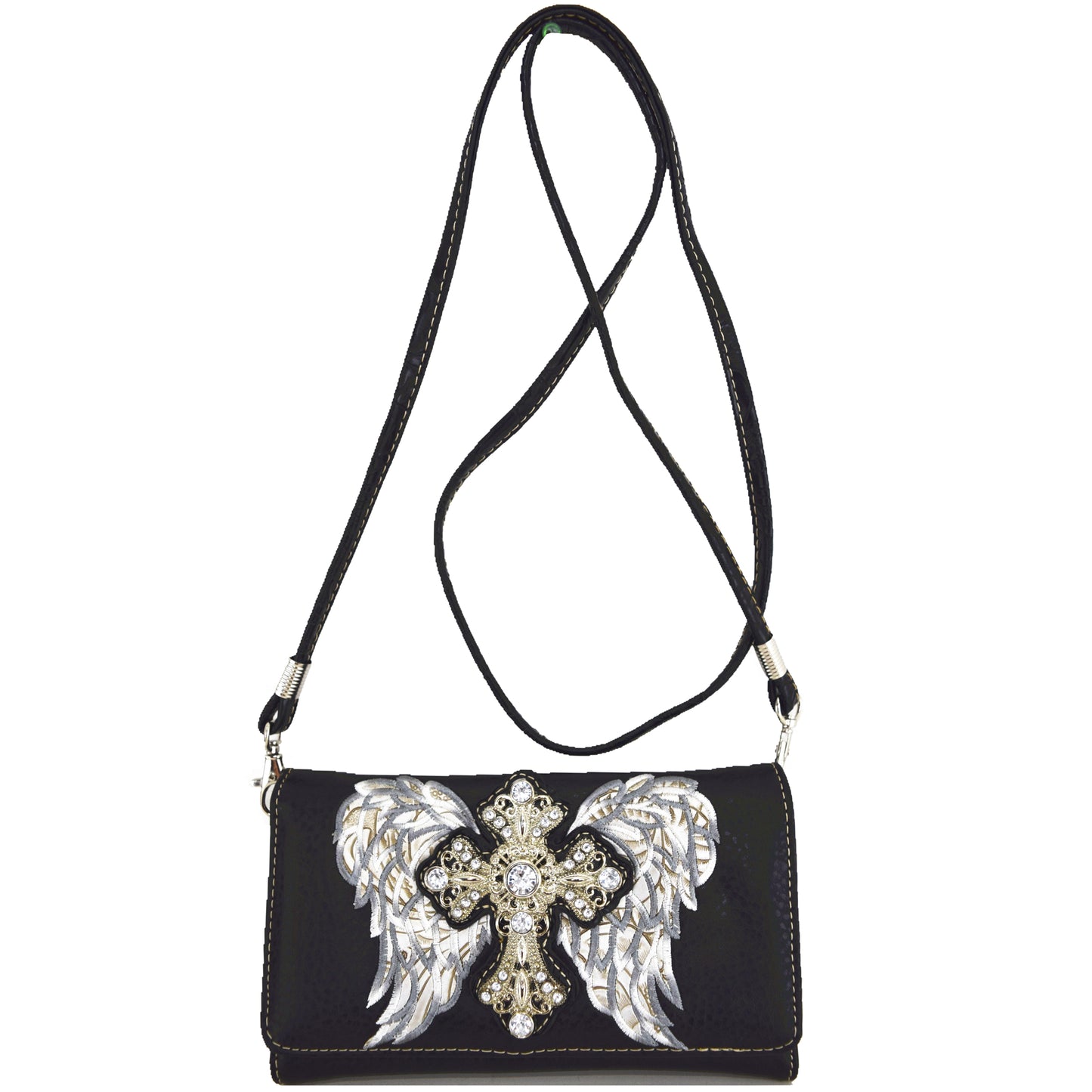 Western Style Cross Studded Embroidery Wings Women Trifold Wallet