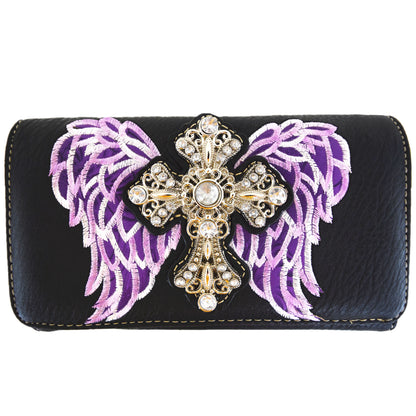 Western Style Cross Studded Embroidery Wings Women Trifold Wallet