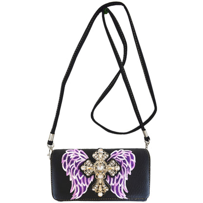 Western Style Cross Studded Embroidery Wings Women Trifold Wallet