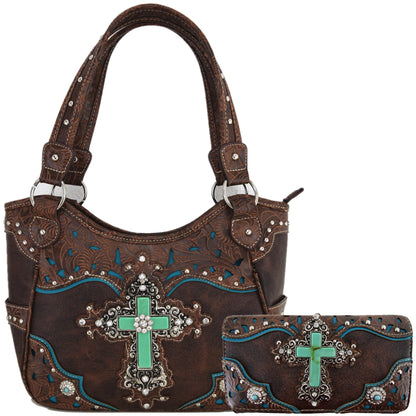 Western Style Rhinestone Cross Purse With Matching Wallet Set