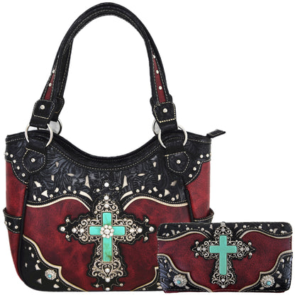 Western Style Rhinestone Cross Purse With Matching Wallet Set