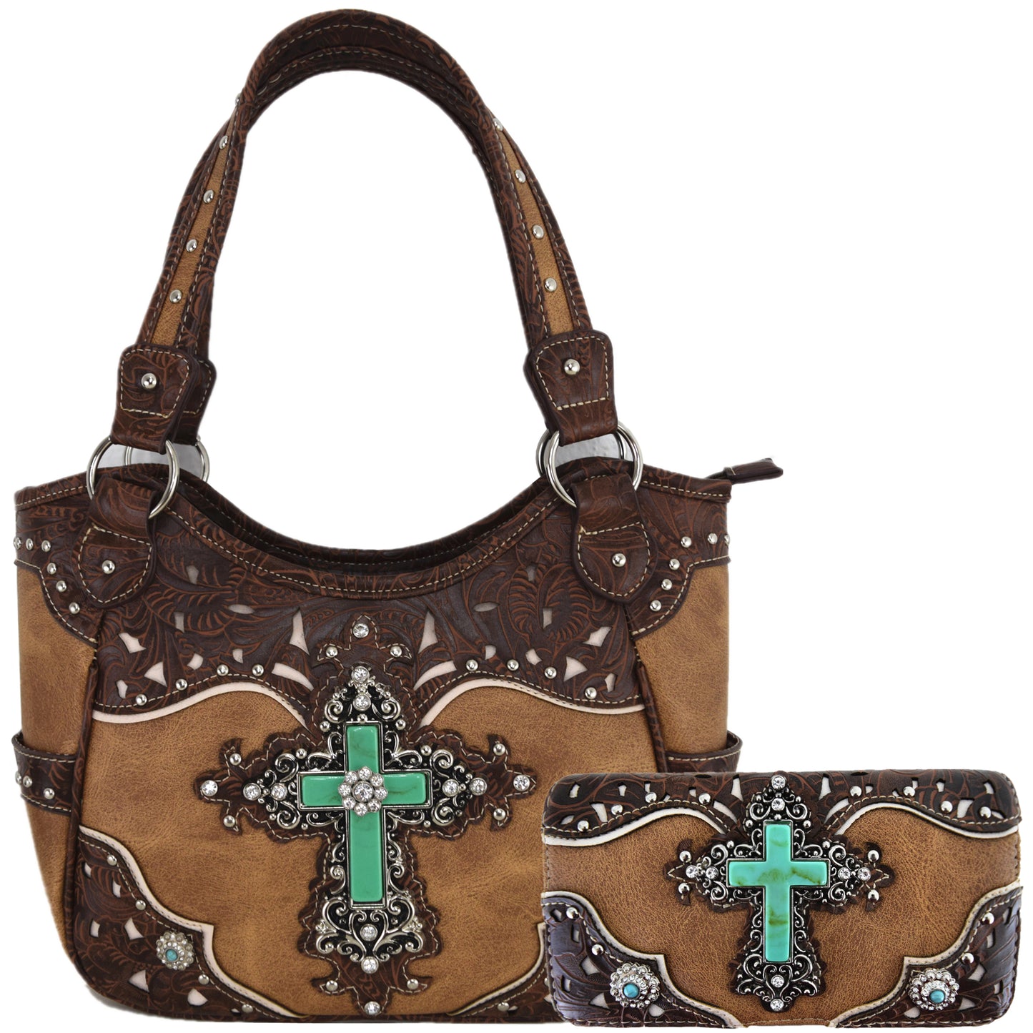 Western Style Rhinestone Cross Purse With Matching Wallet Set