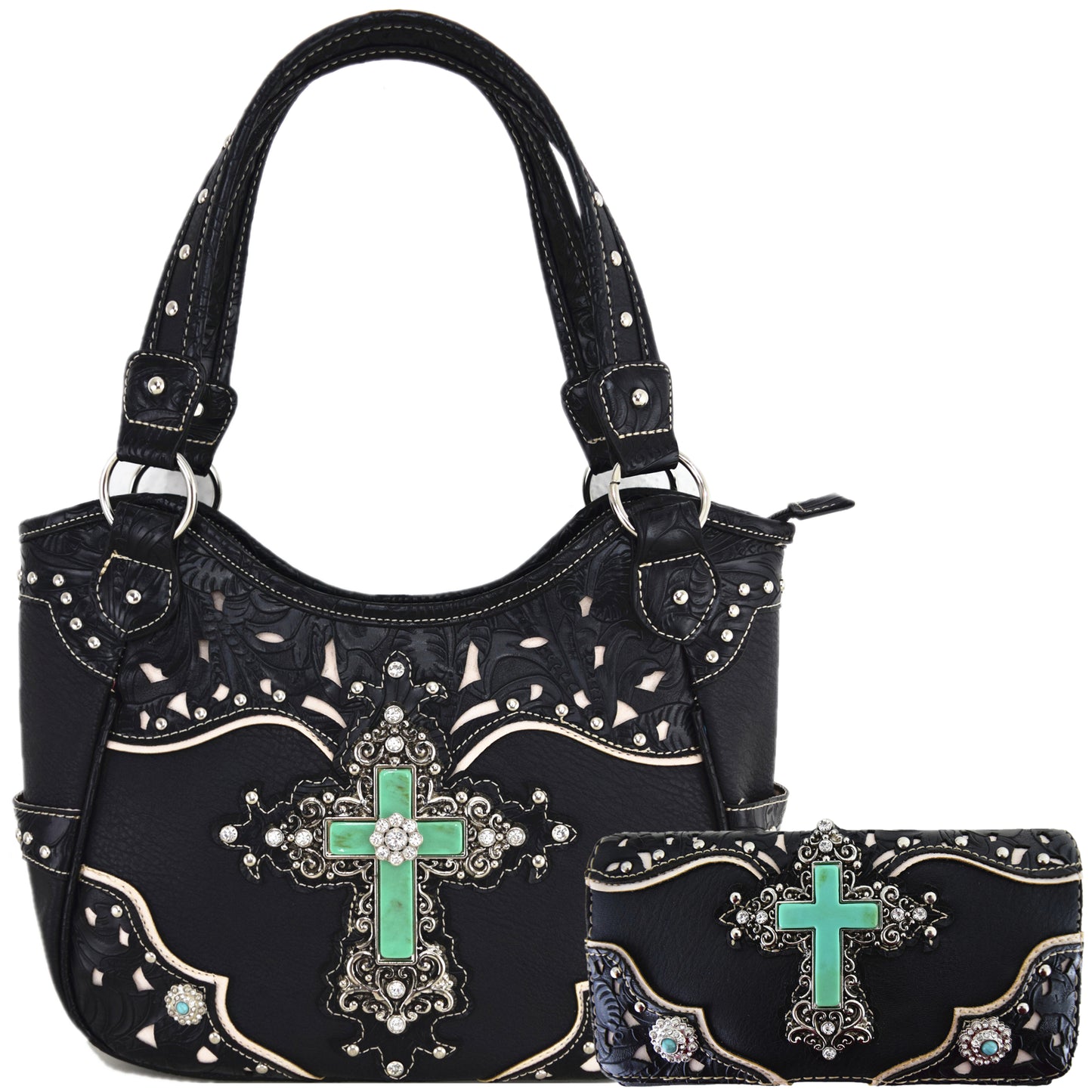 Western Style Rhinestone Cross Purse With Matching Wallet Set