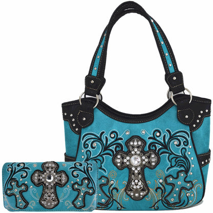 Western Style Rhinestone Cross Purse With Matching Wallet Set