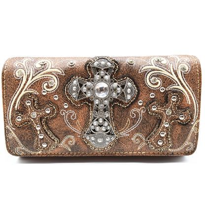 Western Style Rhinestone Cross Purse With Matching Wallet Set