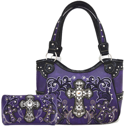 Western Style Rhinestone Cross Purse With Matching Wallet Set