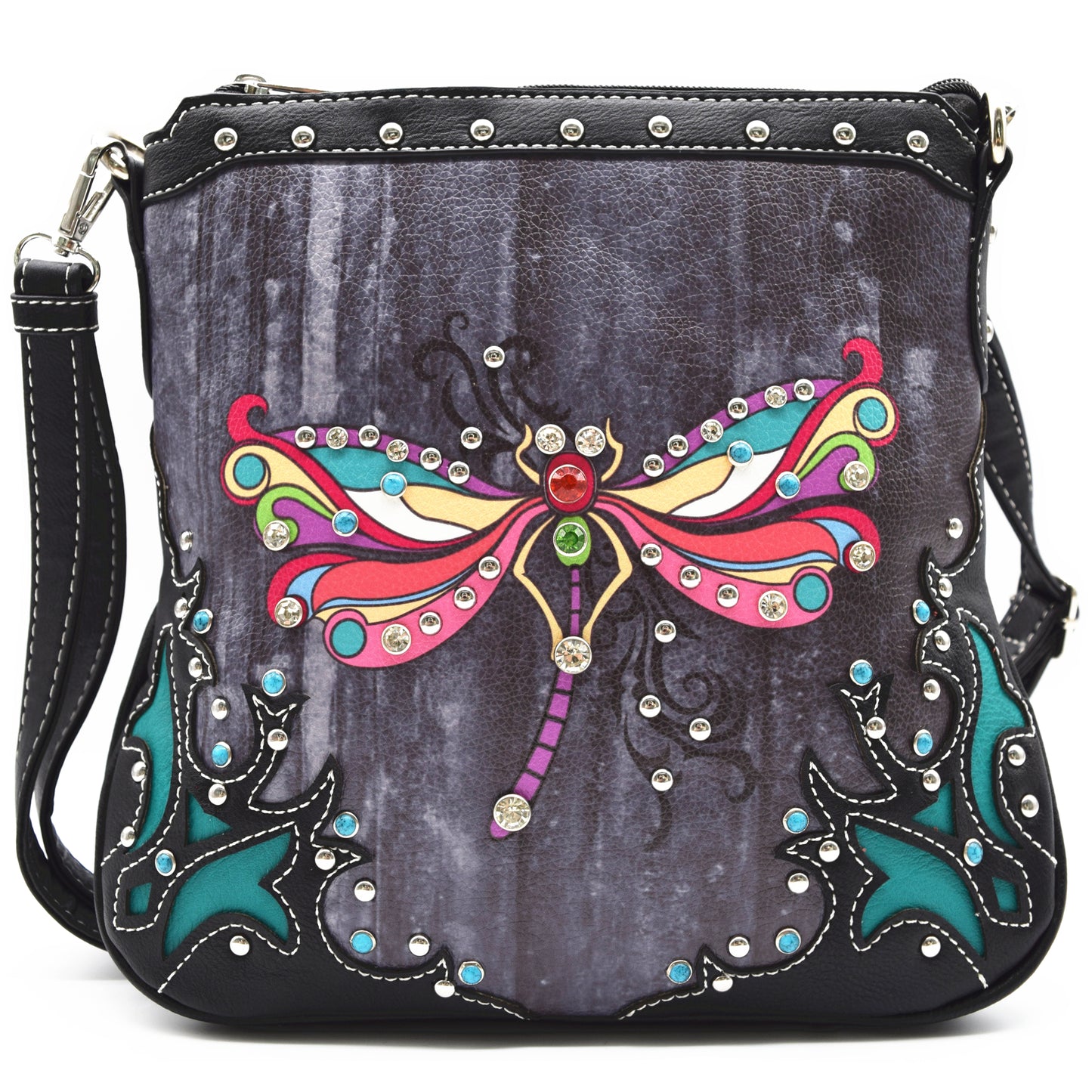 Colorful Dragonfly Rhinestone Gem Studded Purse Crossbody Handbag