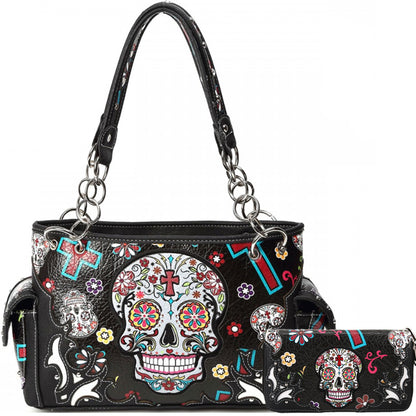 Sugar Skull Women Purse with Matching Wallet Set