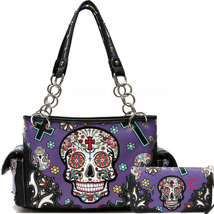 Sugar Skull Women Purse with Matching Wallet Set