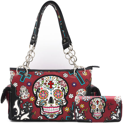 Sugar Skull Women Purse with Matching Wallet Set