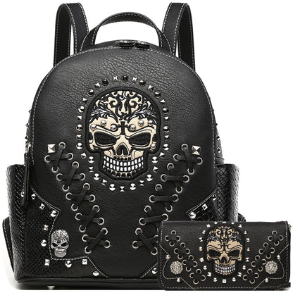 Gothic Skull Women Backpack with Matching Wallet Set