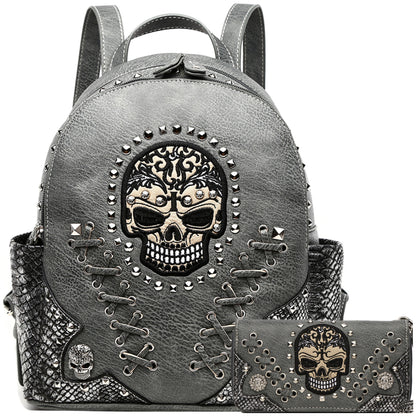 Gothic Skull Women Backpack with Matching Wallet Set