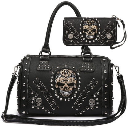 Gothic Skull Women Barrel Purse with Matching Wallet Set