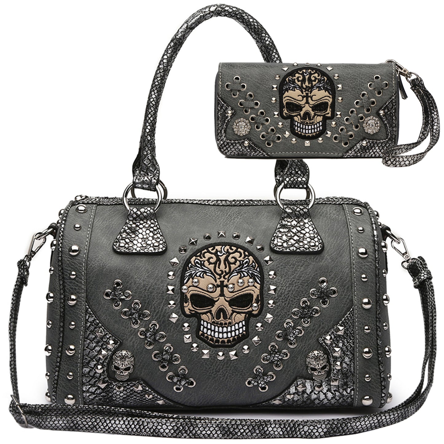 Gothic Skull Women Barrel Purse with Matching Wallet Set