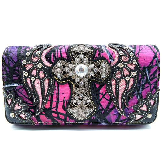 Camouflage Rhinestone Cross Western Style  Women Trifold Wallet