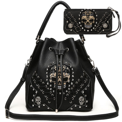 Gothic Skull Women Bucket Purse with Matching Wallet Set