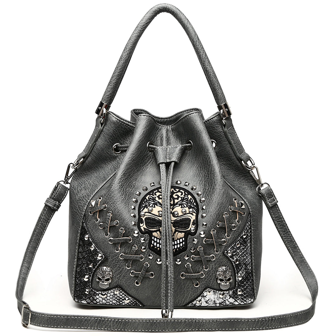 Gothic Skull Women Bucket Purse with Matching Wallet Set