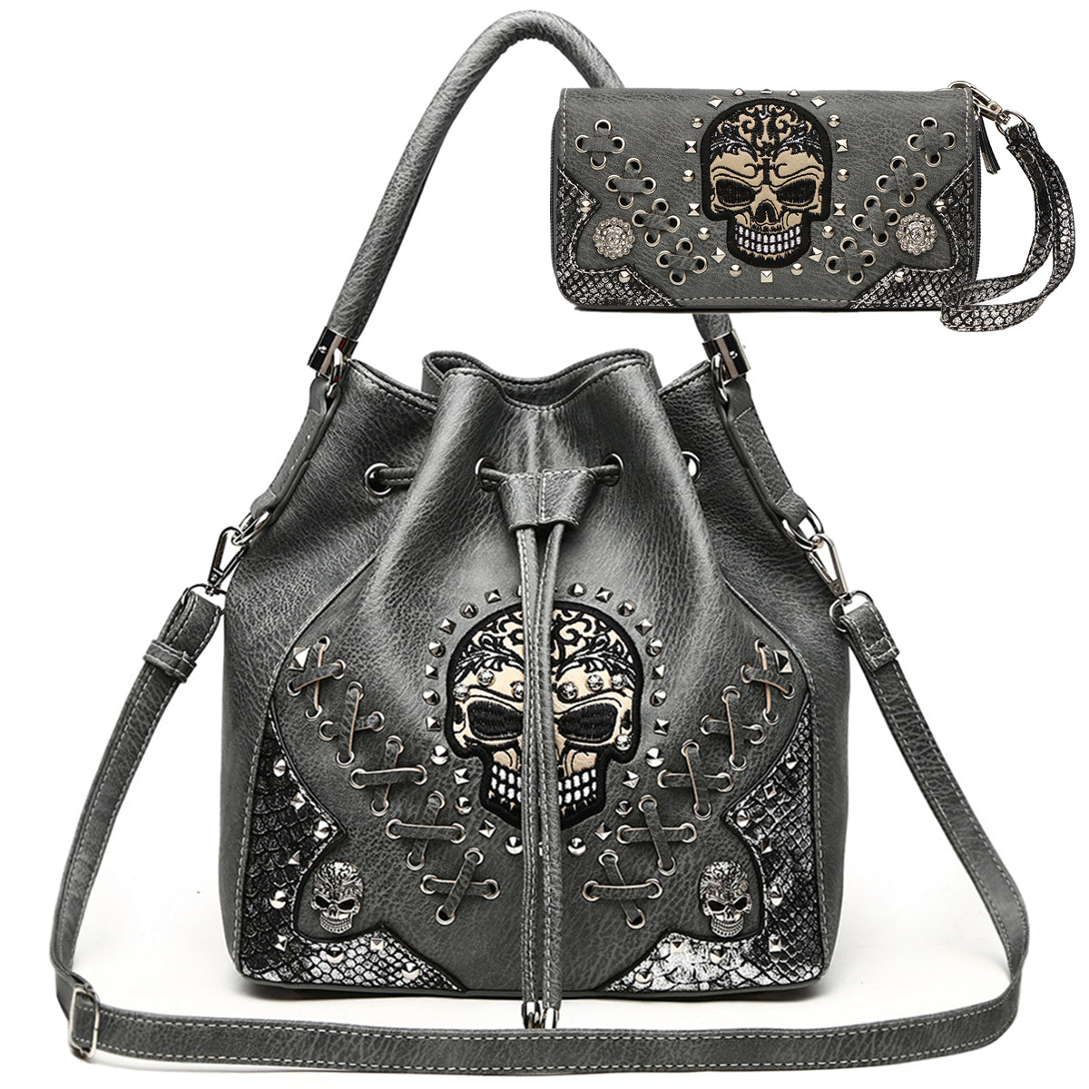 Gothic Skull Women Bucket Purse with Matching Wallet Set