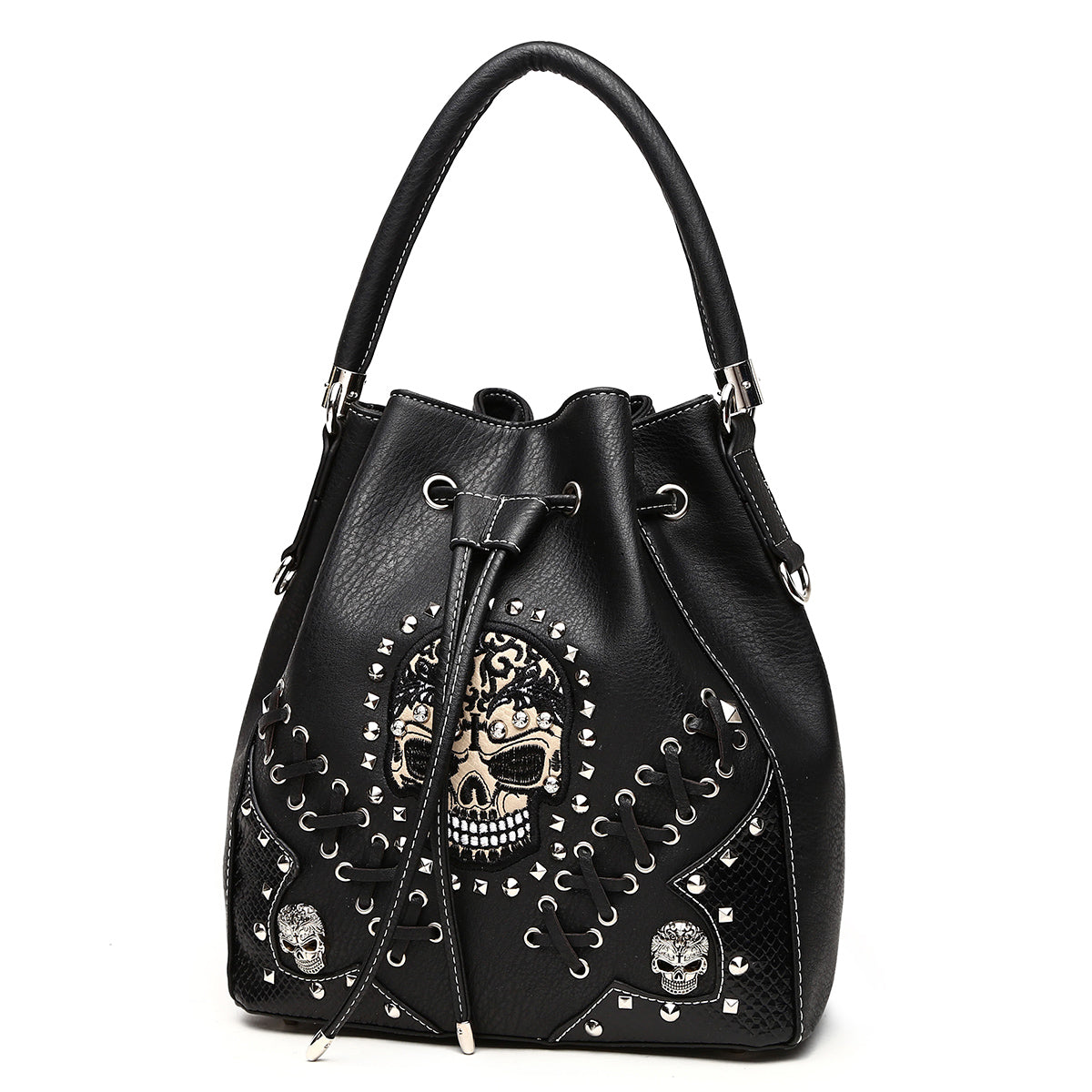 Gothic Skull Women Bucket Purse with Matching Wallet Set