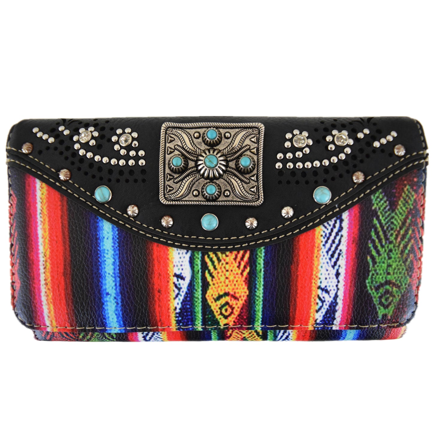 Native Rhinestone Studs Western Style Women Trifold Wallet