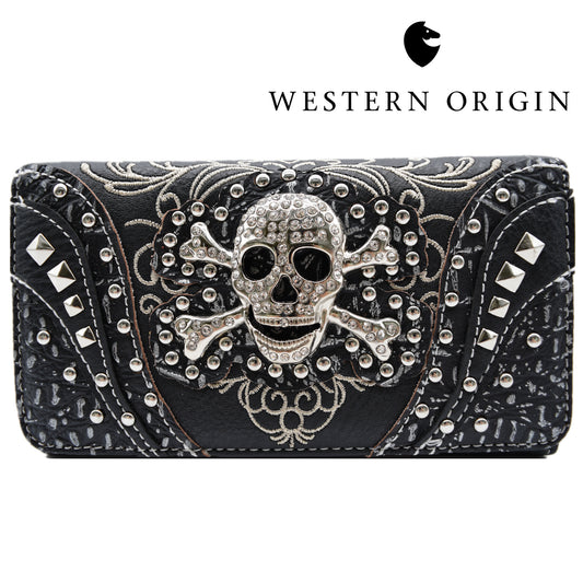 Gothic Rhinestone Skull Punk Studs Women Trifold Wallet