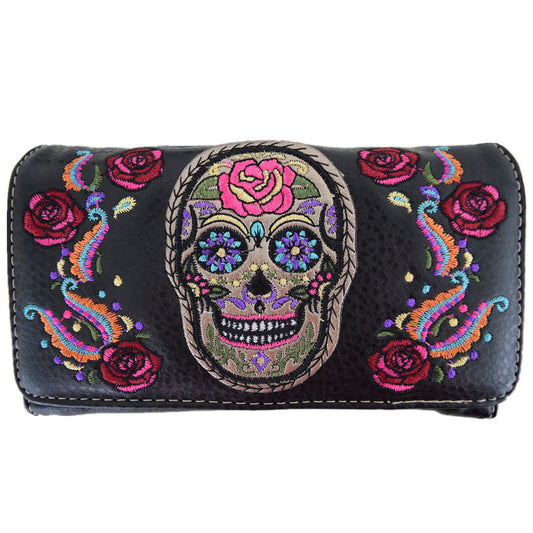 Embroidery Skull Rose Women Trifold Wallet