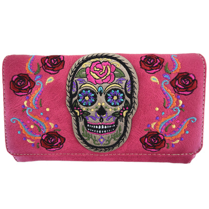 Embroidery Skull Rose Women Trifold Wallet