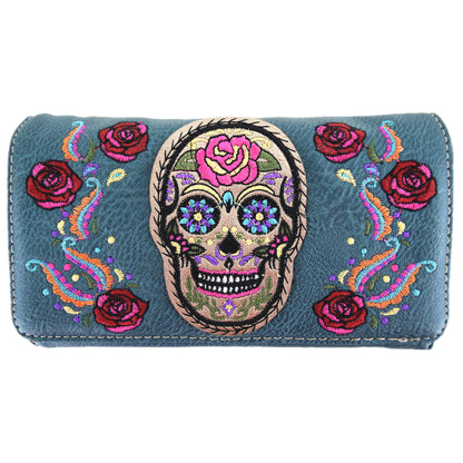 Embroidery Skull Rose Women Trifold Wallet