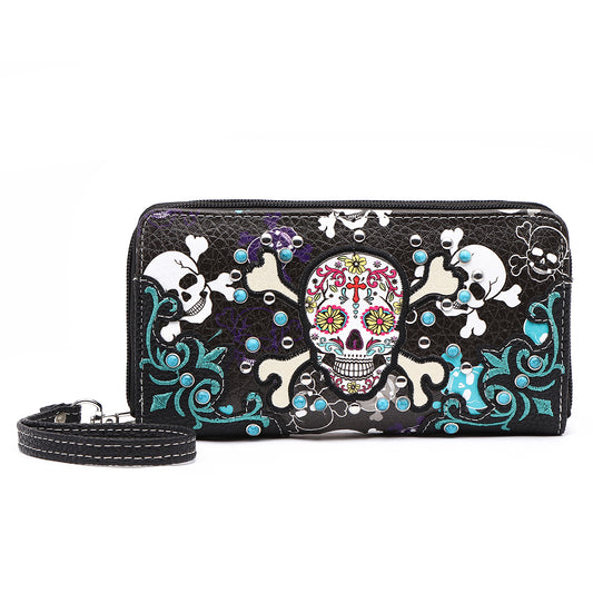 Sugar Skull Cross Bone Women Double Zipper Wallet