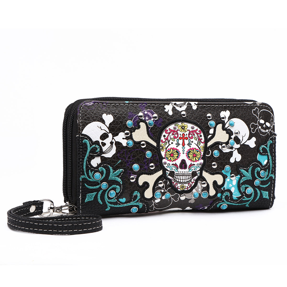 Sugar Skull Cross Bone Women Double Zipper Wallet