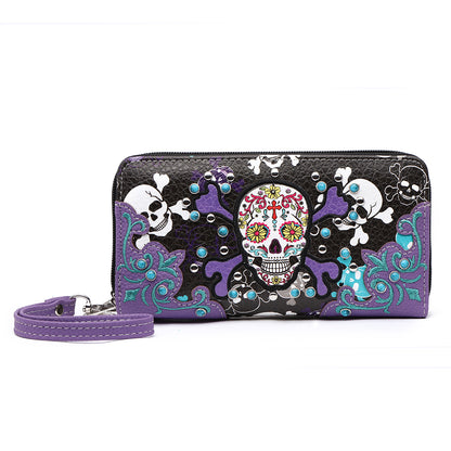 Sugar Skull Cross Bone Women Double Zipper Wallet