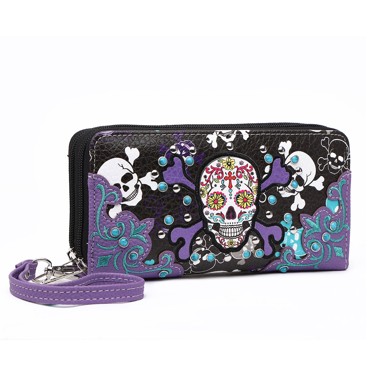 Sugar Skull Cross Bone Women Double Zipper Wallet