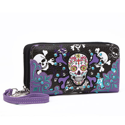 Sugar Skull Cross Bone Women Double Zipper Wallet