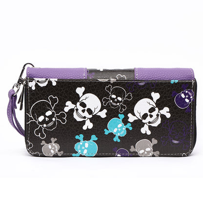 Sugar Skull Cross Bone Women Double Zipper Wallet